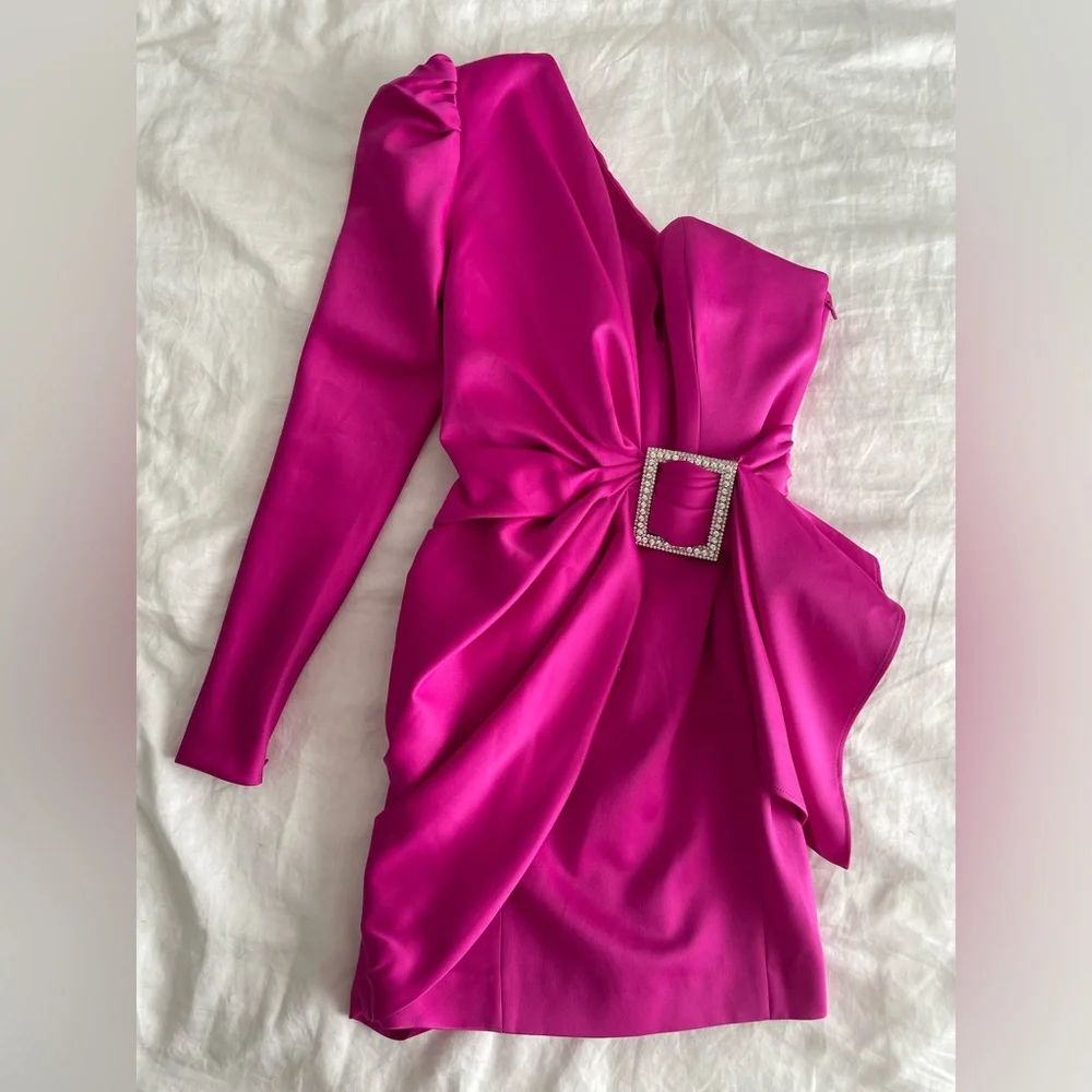House of CB CHIARA Hot Pink One-Shoulder Draped Satin Mini Dress | XS